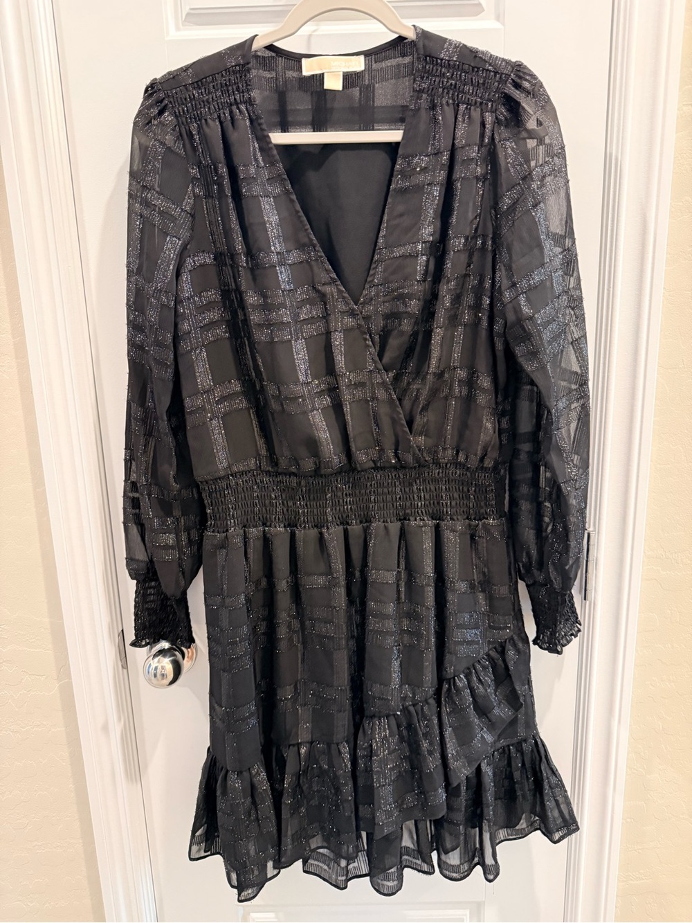 Michael Kors Black Metallic Grid V-Neck Smocked Mini Dress
